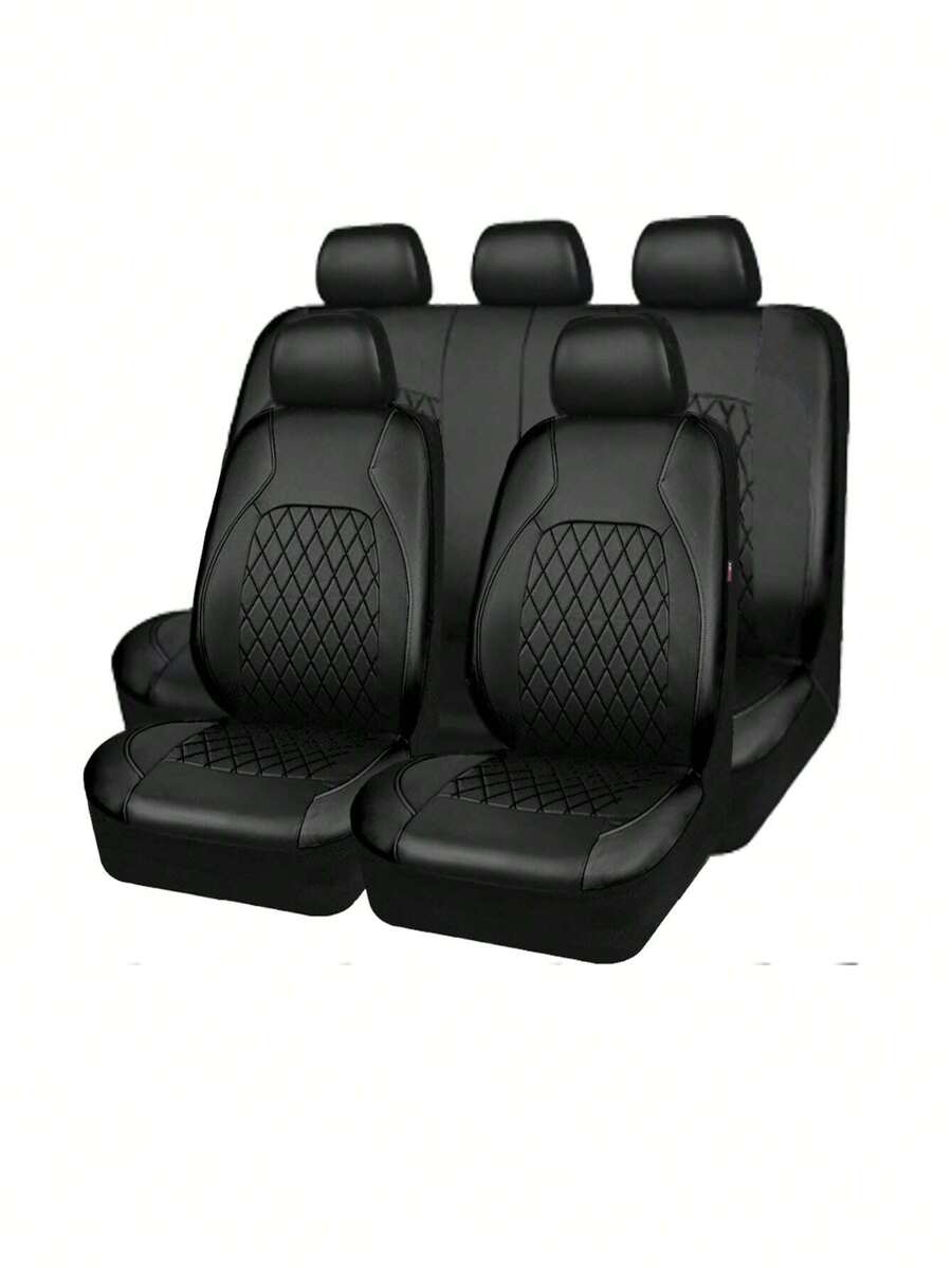9PCS Car Seat Cover Set With 2 Front Seat Covers, 1 Backrest Cover, 1 Back Seat Cover And 5 Headrest Covers. PVC Leather With 4mm Sponge. Universal Fit For 5-Seater Cars.