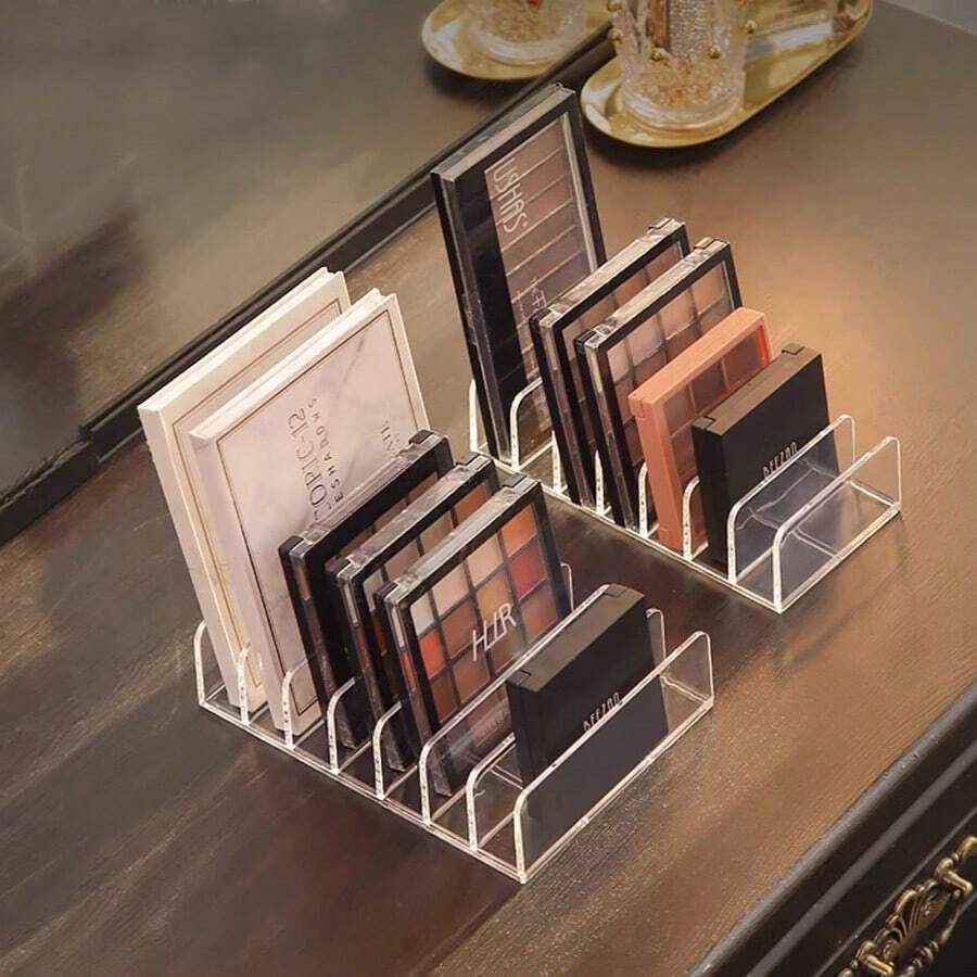 Organizador de maquillaje con cajones para paletas de sombras de ojos, polvos y separadores transparentes, caja de almacenamiento de plástico con soporte de exhibición de cosméticos para colorete en el escritorio, para vacaciones en la playa, colección de baño, colección de dormitorio, gran capacidad