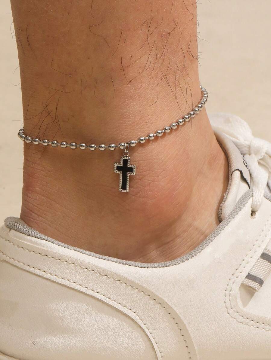 1pc Simple Design Stainless Steel Beaded Chain Foot Bracelet With Cross/heart Pendant For Unisex