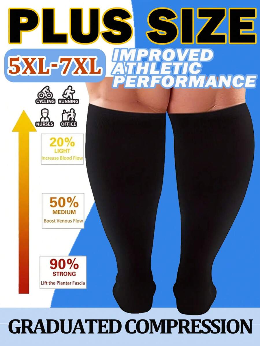 1 Pair 5XL-7XL Plus Size Compression Socks Football Socks Circulation 15-20 Mmhg For Men Wide Calf Pregnancy Maternity Knee High Best Rated Support For Pregnant Medical Running Nursing Athletic Fit Cycling Sports, Gym