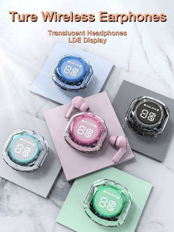 Wireless Earphones BT 5.3 Headphones LED Power Display Mini Translucent