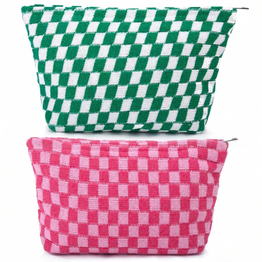 2 Pieces Makeup Bag Large Checkered Cosmetic Bag Pink Green Capacity Canvas Travel Toiletry Bag Organizer Cute Makeup Brushes Aesthetic Accessories Storage Bag For Women