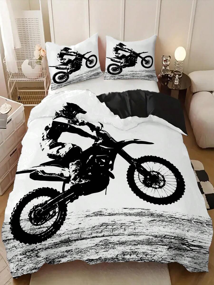 3pcs Motorcycle Print Polyester Comforter Cover Set (1 Comforter Cover + 2 Pillowcase), Soft And Breathable Bedding Set For Bedroom Dorm Room