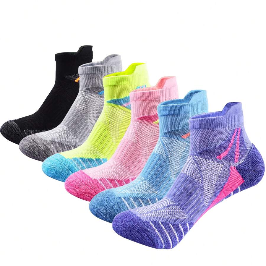 6 Paar Damen Sportstrümpfe, mehrfarbige Mesh atmungsaktive Knöchel Sneaker Socken mit dicker Polsterung und Stoßabsorption, geeignet für Fitnessstudio, Sport und Alltag