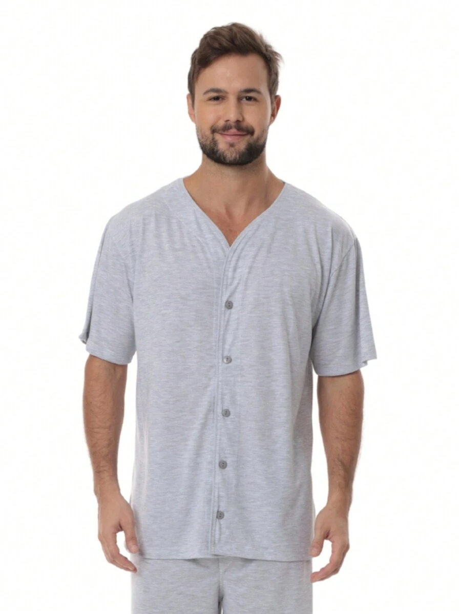 Pijama Modelagem Clássico Camisa Com Fecho De Botões Básico Masculino Liso Victory