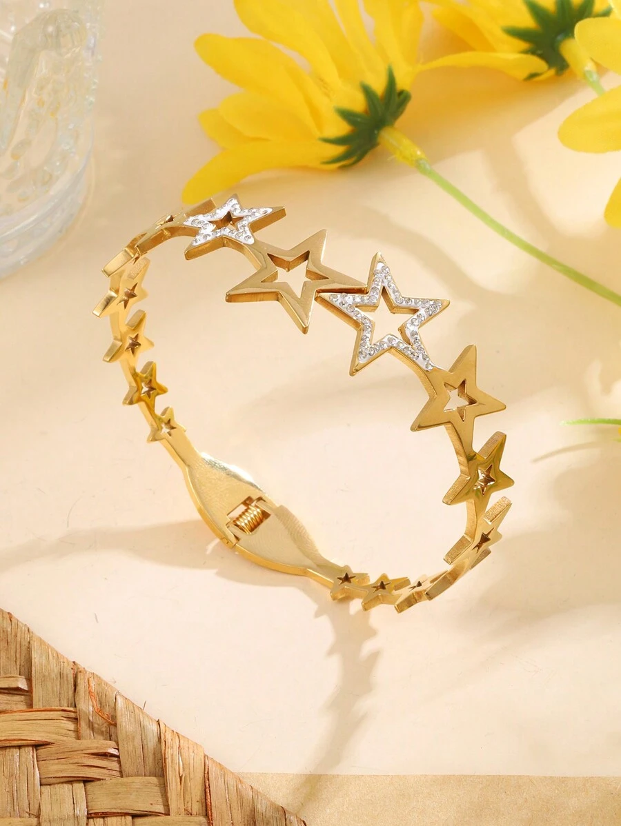 1 Stück Modische Edelstahlgold & Strass Dekor Sternform Offene Armspange Armband Für Frauen, Mädchen Straßenkleidung, Brautjungferngeschenk