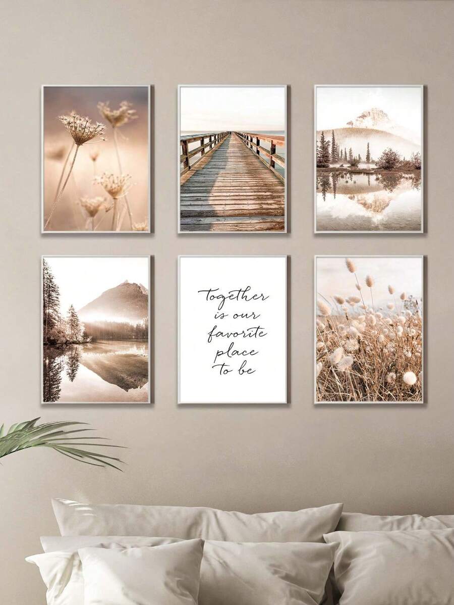6 Piezas Pinturas De Pared Beige, Arte De Pared De Paisaje, Imágenes De Impresión Botánica, Posters De Lienzo De Hierba Seca Para Decoración De La Pared De La Sala De Estar, Sin Marco