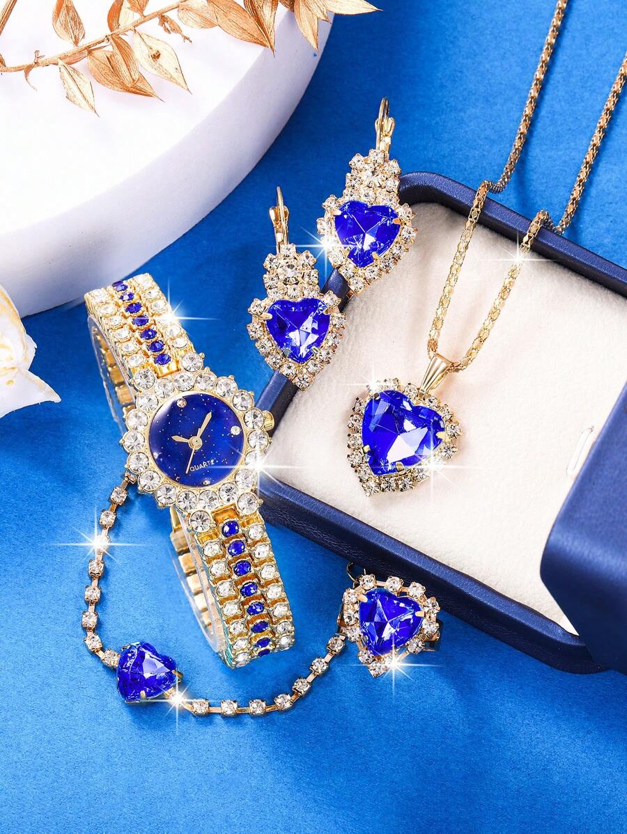 6 pièces/set Montre femme mode verte entièrement ornée de strass, comprenant une montre à quartz, un collier, des boucles d'oreilles, un bracelet et une bague. Accessoires convenant à un port quotidien, à la rentrée scolaire, à la période de remise des diplômes, à Thanksgiving, aux couples. Meilleur cadeau.