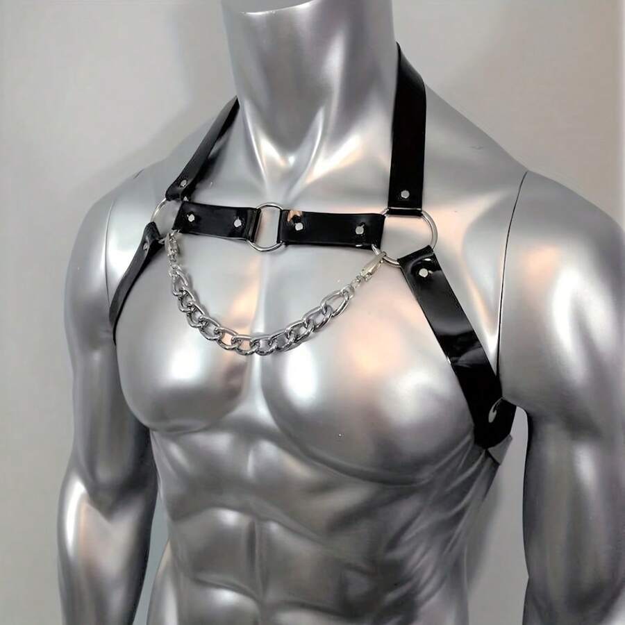 1 Piece Men's Black One-Size-Fits-All Leather Sports Restraint Fashion Suspender With Chain Decoration Suitable For Gym And Daily Use Harness Halloween For Going Out Outfit Wedding Party And For Gift Halloween Accessories, Halloween Costumes