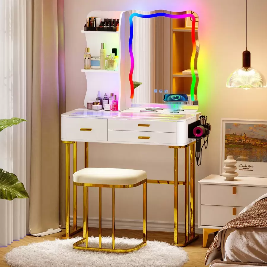 Lvifur RGB Makeup Vanity Table with Mirror and Lights, Glass Top Vanity Desk with 24 Color Dimmable Lights, Auto Sensor Dressing Table with Wireless Charging and Stool