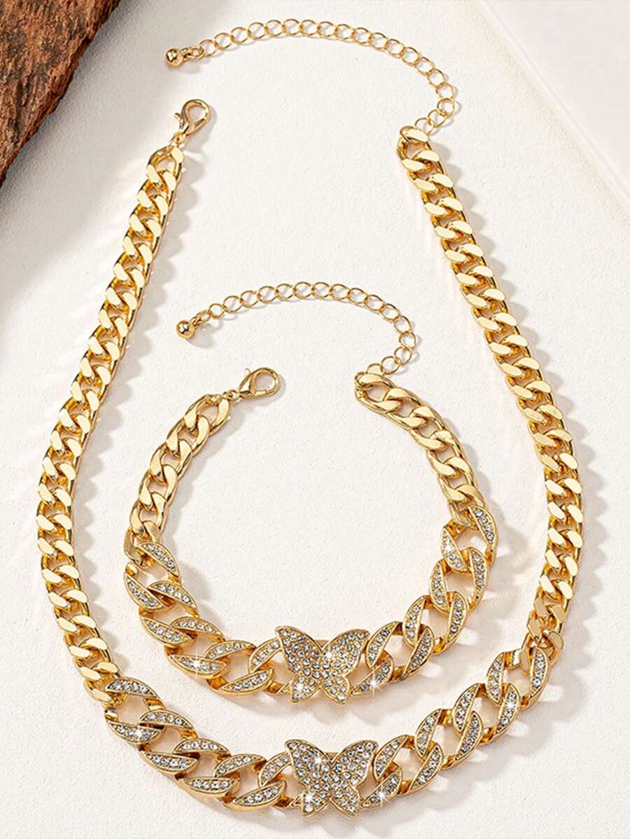 1 Conjunto/kit Pulseira De Bracelete Com Diamantes Incrustados E Colar Brilhante Banhado A Ouro 14k Acessório