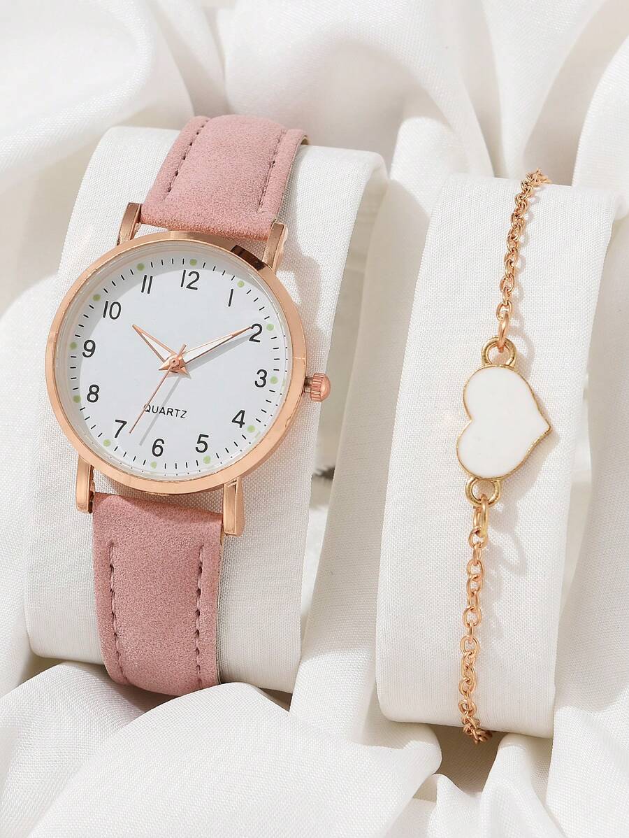 2pcs Women Watch PU Leather Strap Minimalist Quartz Watch, Paired With Heart-Shaped Charm Bracelet Watch Set Valentines