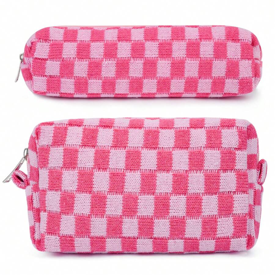 Makeup Bag Checkered Cosmetic Bag Brown Makeup Pouch 1Pc Large Capacity Makeup Bags And 1Pc Makeup Brushes Storage Bag Travel Toiletry Bag Organizer