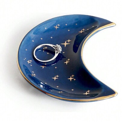 Small Moon Jewelry Dish Tray, Ring Holder Dish Decorative Ceramic Trinket Dish Cute Moon Dish Little Jewelry Plate Earring Necklace Holder Jewelry Display Modern Accent Ring Tray For Vanity Valentine Day
