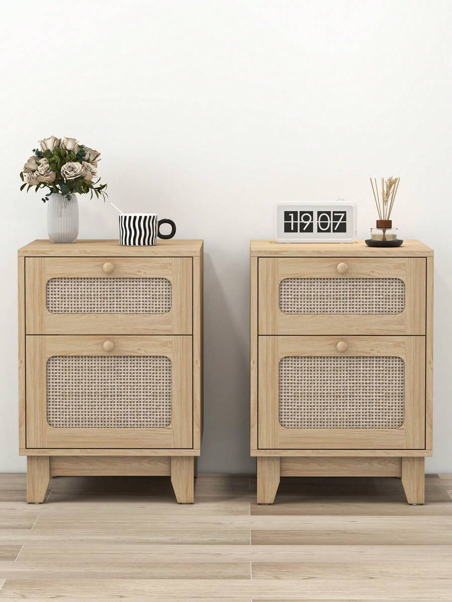 Modern Set Of 2 Rattan Nightstand End Table Drawer Storage Space Natural Side Table For Bedroom, Living Room