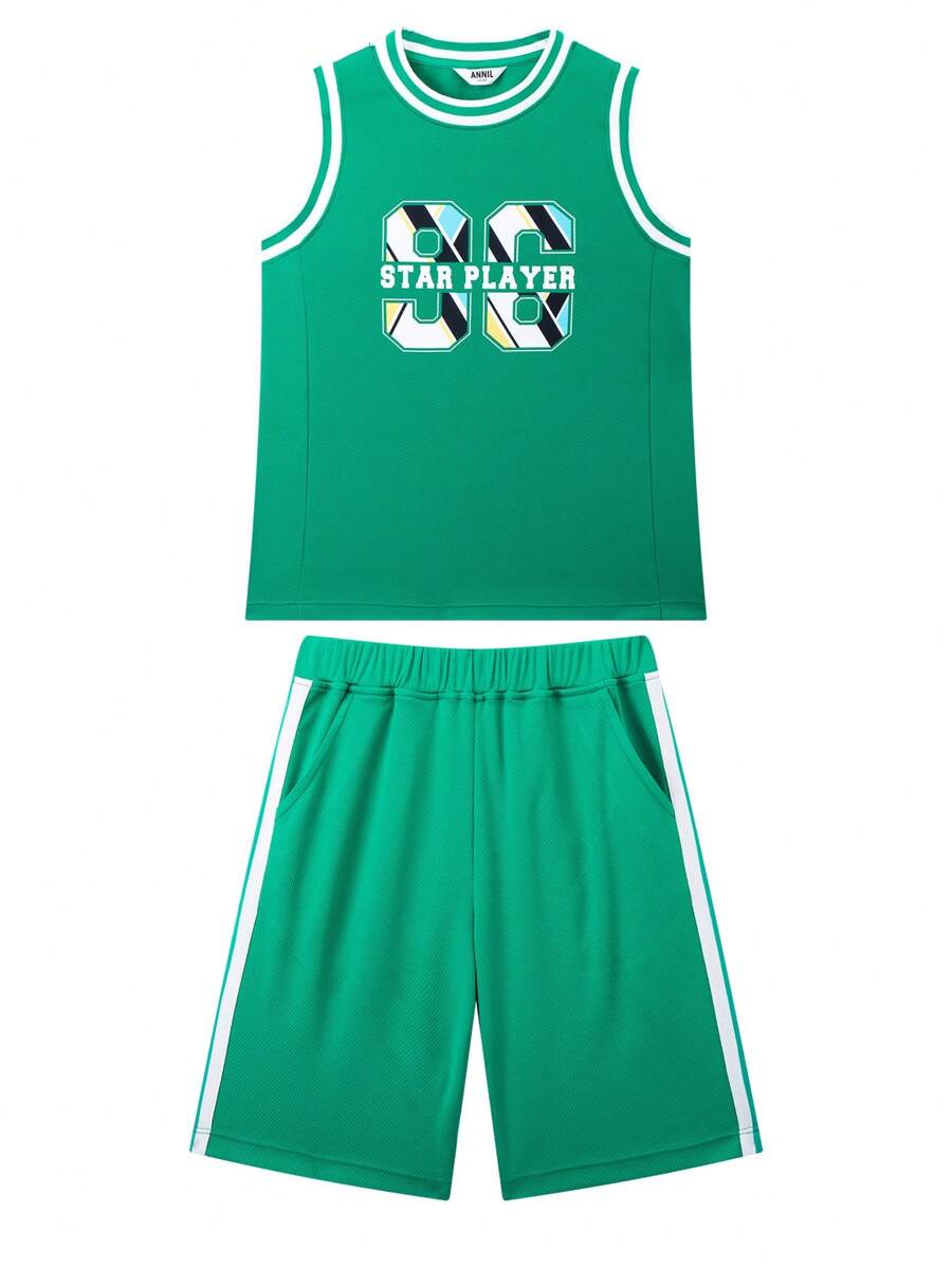 Annil Boys' Summer Round Neck Sleeveless Loose Fitting Sports Tank Top Shorts Two Pieces Set Green
