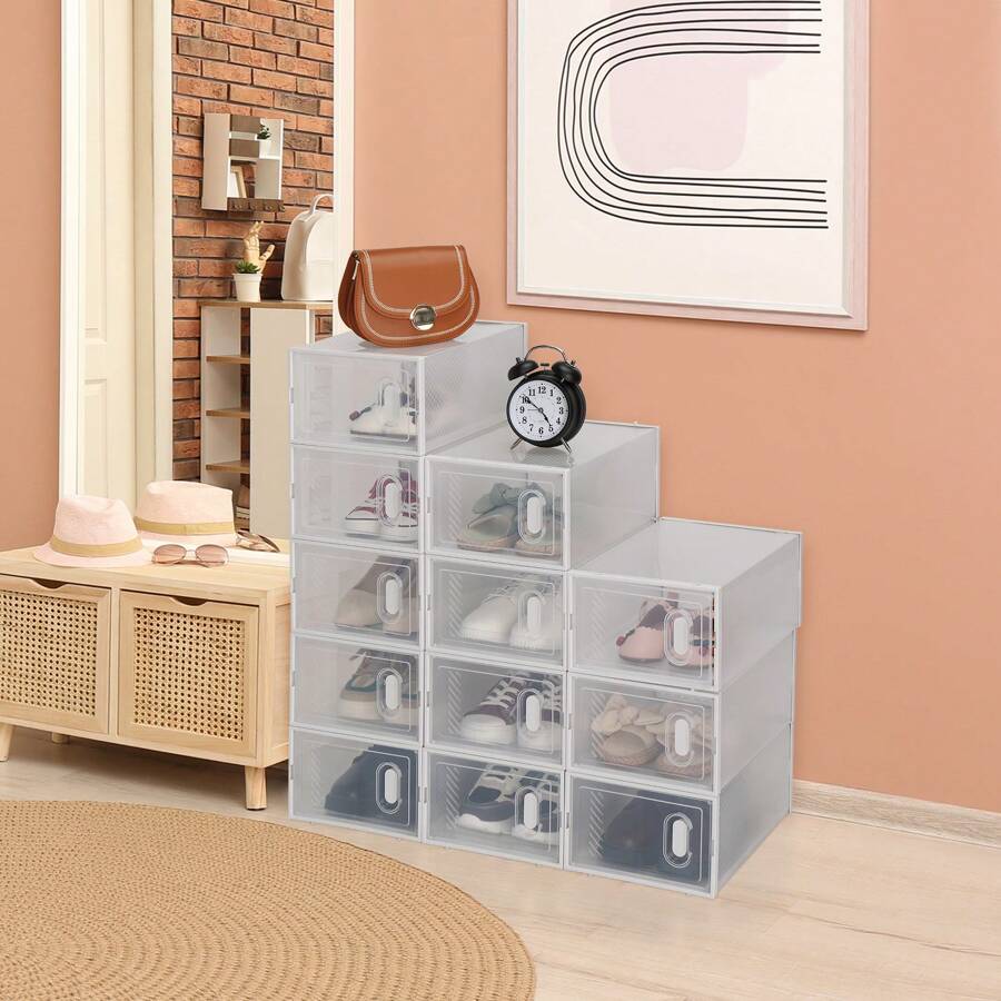 ITopRoad Shoe Storage Boxes 6 Pack Clear Plastic Stackable - White