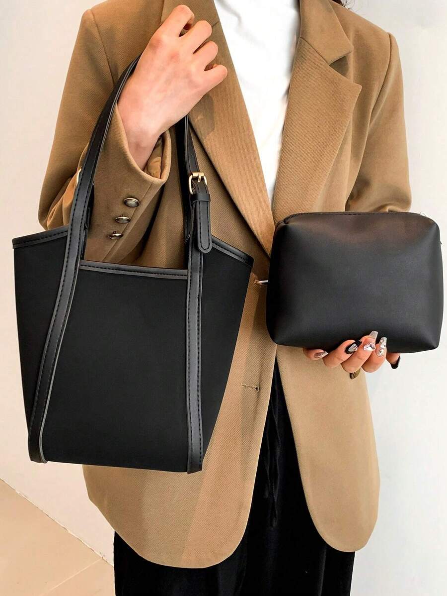 Women's Classic Solid Color Woven Detail Handbag 2Pcs Set Shoulder Bag And Clutch Bag, Minimalist Lightweight Large Capacity Tote Bag For Daily Office Work And Travel, Fashion Hobo Bag PU Leather Top Handle Commuting Bag Retro Bucket Bags