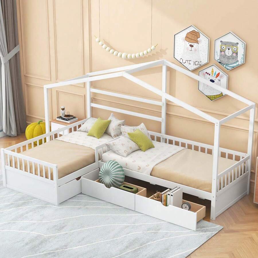 MERAX Twin Size House Platform Bed With Three Storage Drawers,Gray/White