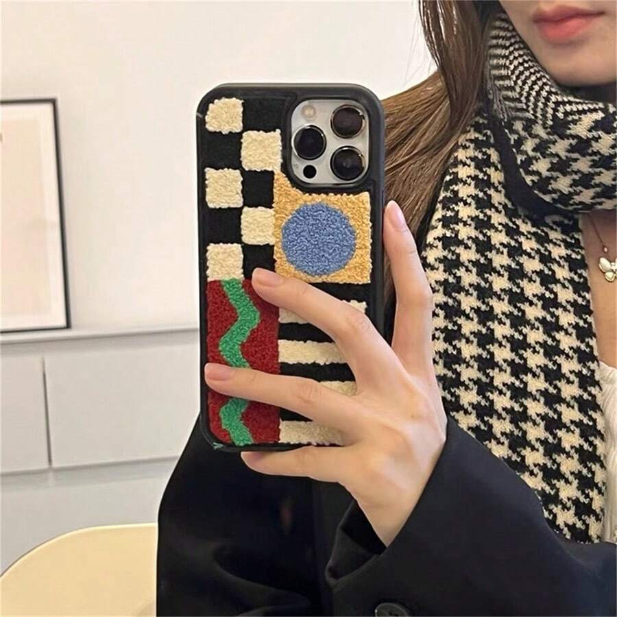 Apple Vintage Autumn/Winter Ins Style Plush Embroidered Geometric Pattern Phone Case Compatible With Iphone 14 Pro Max, IPhone 13, 12 Pro, X, XS, XR, 11, 16 Pro Max, 15