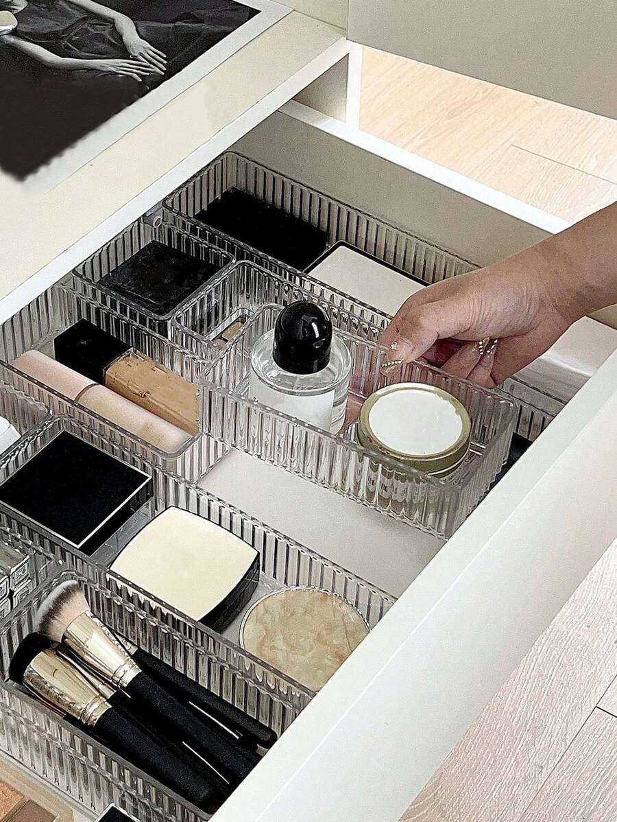 6 pièces/set Boîte de rangement de maquillage pour tiroir, Tiroir de commode transparent, Organisateur de pinceaux de maquillage, Coffret à bijoux multicompartiments avec système anti-chute, Décoration de chambre exquise, Décoration d'intérieur, Décoration d'automne, Décoration de chambre, Soleil, Voyage, Cool