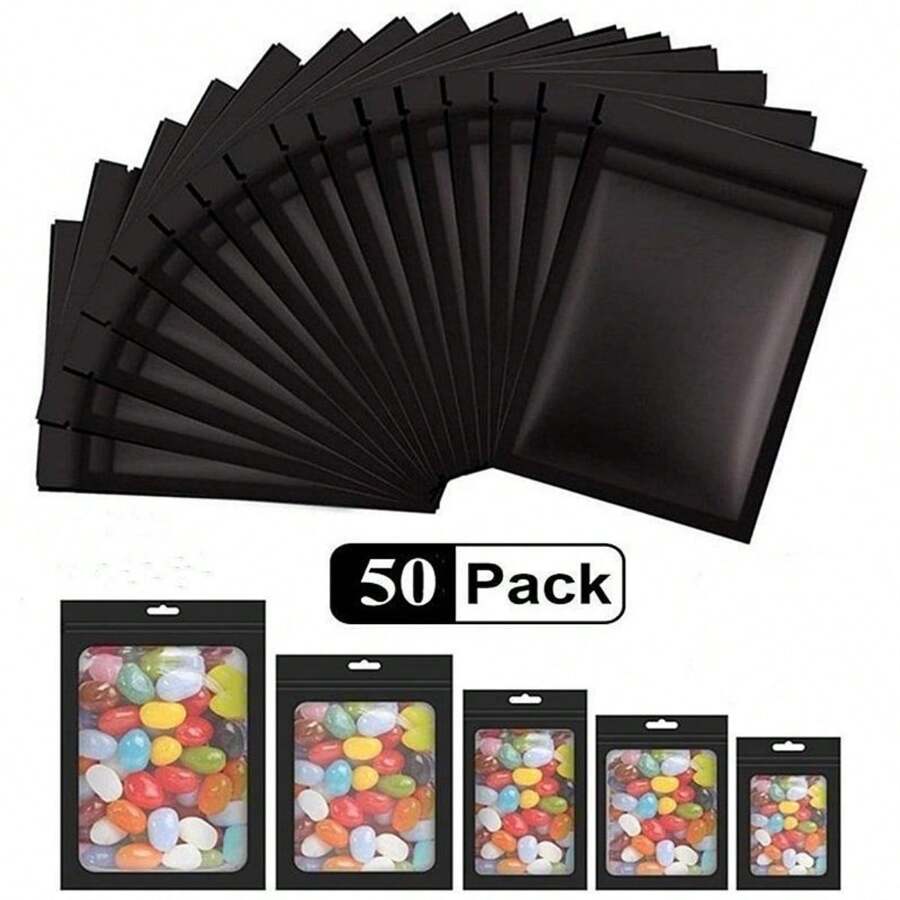 50pcs Resealable Transparent Window Bag With Zipper For Food & Jewelry Storage, Suitable For Small Business