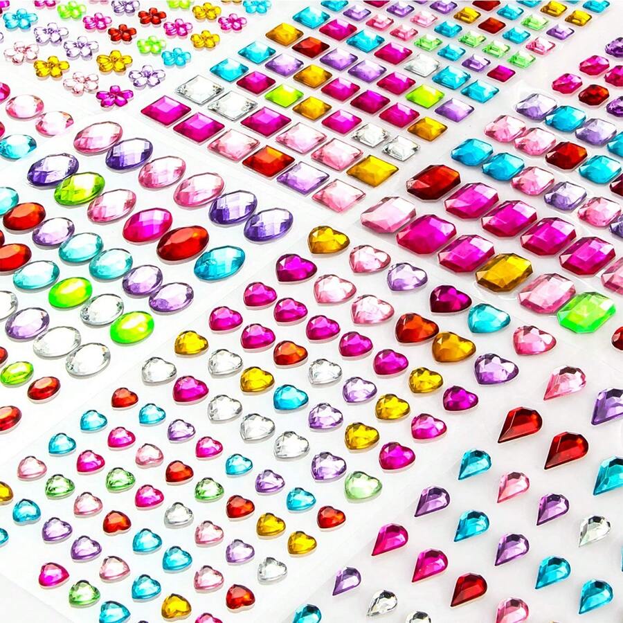 803 pièces Autocollants de pierres précieuses pour l'artisanat de la Fête des Mères, autocollants de strass autoadhésifs, autocollants de diamants plats scintillants pour cartes de vœux DIY, confection de bijoux, cadeaux - 8 feuilles de formes, tailles et couleurs assorties