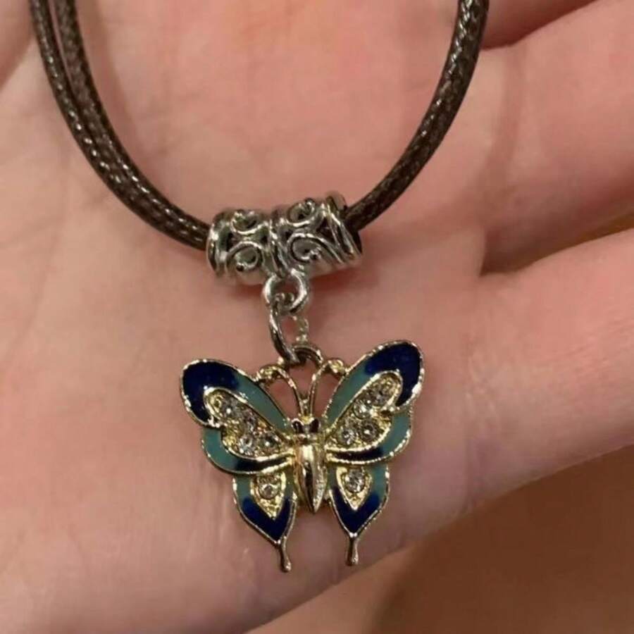 DIY Y2K Vintage Butterfly Pendant Necklace On Leather Cord Choker, New Chinese Style, Random Color Retro Accessories