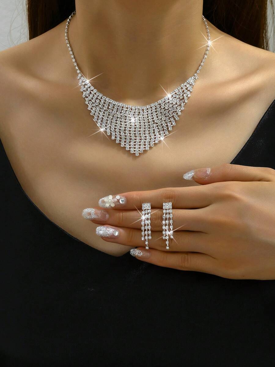 1 Set Fashion Retro Full Rhinestone Bridal Jewelry Set, Necklace And Earrings