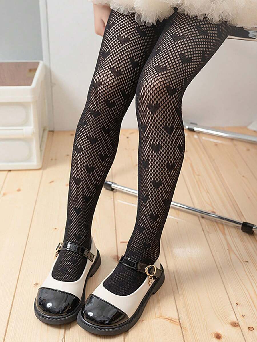 1pair Girls' Heart Shaped Lace Tights, Breathable And Comfortable Children's Socks, Fashionable Princess Socks, Essential For Girls' Princess Dress