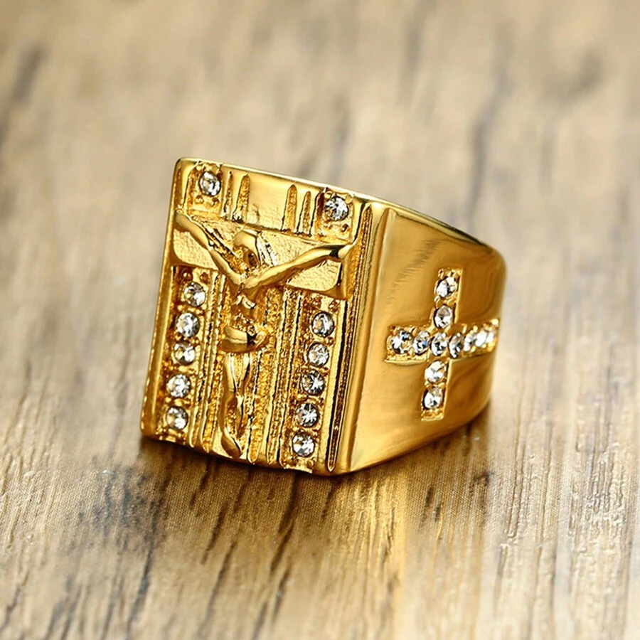 18K Gold Plated 1pc Stainless Steel Jewelry Glamorous Vintage Cubic Zirconia Men's Ring Gift For Daily Commute