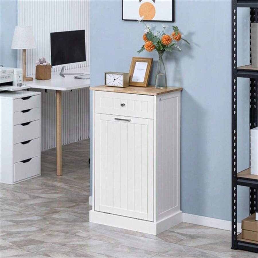 Kitchen Tilt Out Trash Bin Cabinet Free Standing Recycling Cabinet Trash Can Holder With Drawer, white