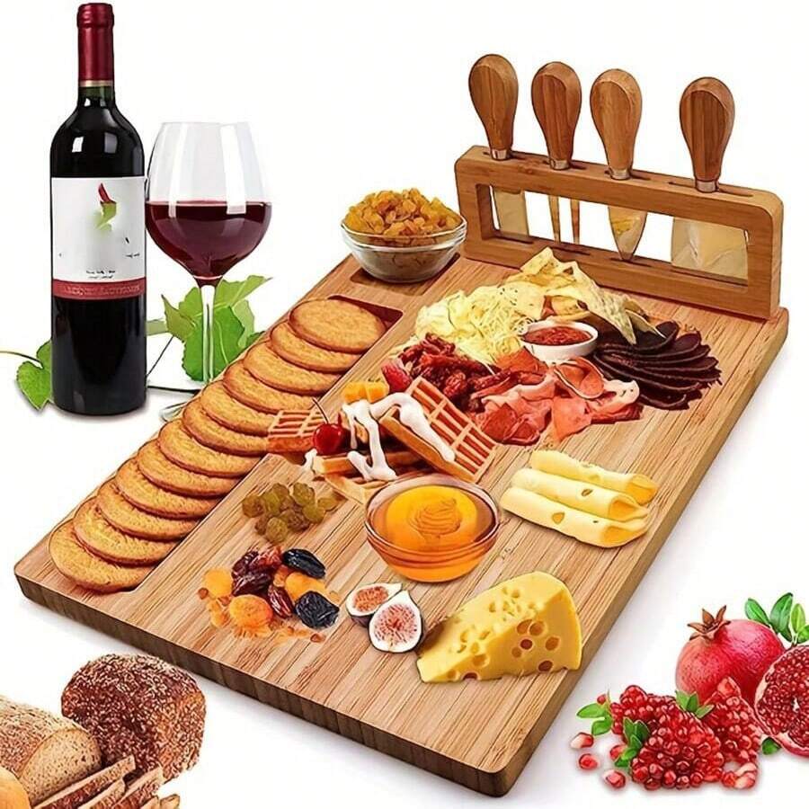 1 Set Bamboo Cheese Board Set, Cheese Tray, Charcuterie Board And Serving Meat Platter With 4 Stainless Steel Cheese Knives, Ideal For Wedding Gifts Christmas Birthday Party