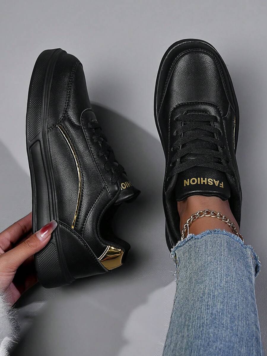 New Spring Autumn Women's Black Flat Shoes With Lace-up Design, Lightweight Leather Casual Shoes For Students