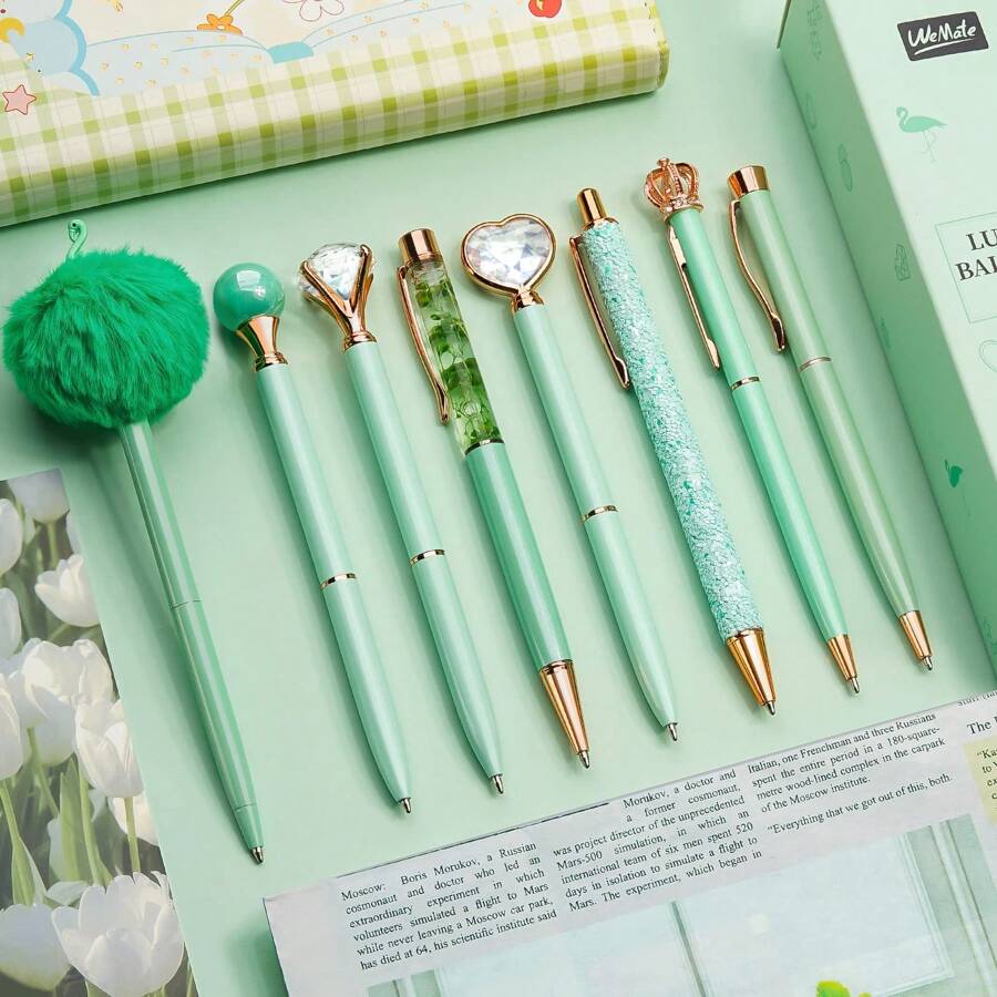 8Pcs Ballpoint Pens Set Purple Pens Set Purple Ballpoint Pen Bling In Black & Blue Metal Crystal Diamond Pen For Journaling Glitter Fancy Pens Gifts For Women Wedding Office,Suitable For Junior High School Primary School Boys And Girls College Student