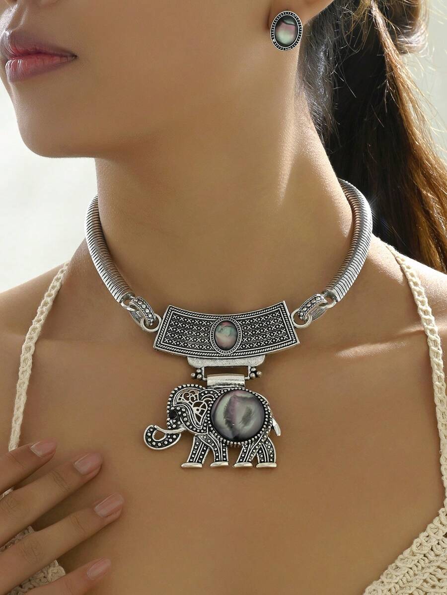 1 pieza Collar con colgante de elefante estilo retro y 1 pieza de aretes vintage exagerados, conjunto de joyería de moda para mujer