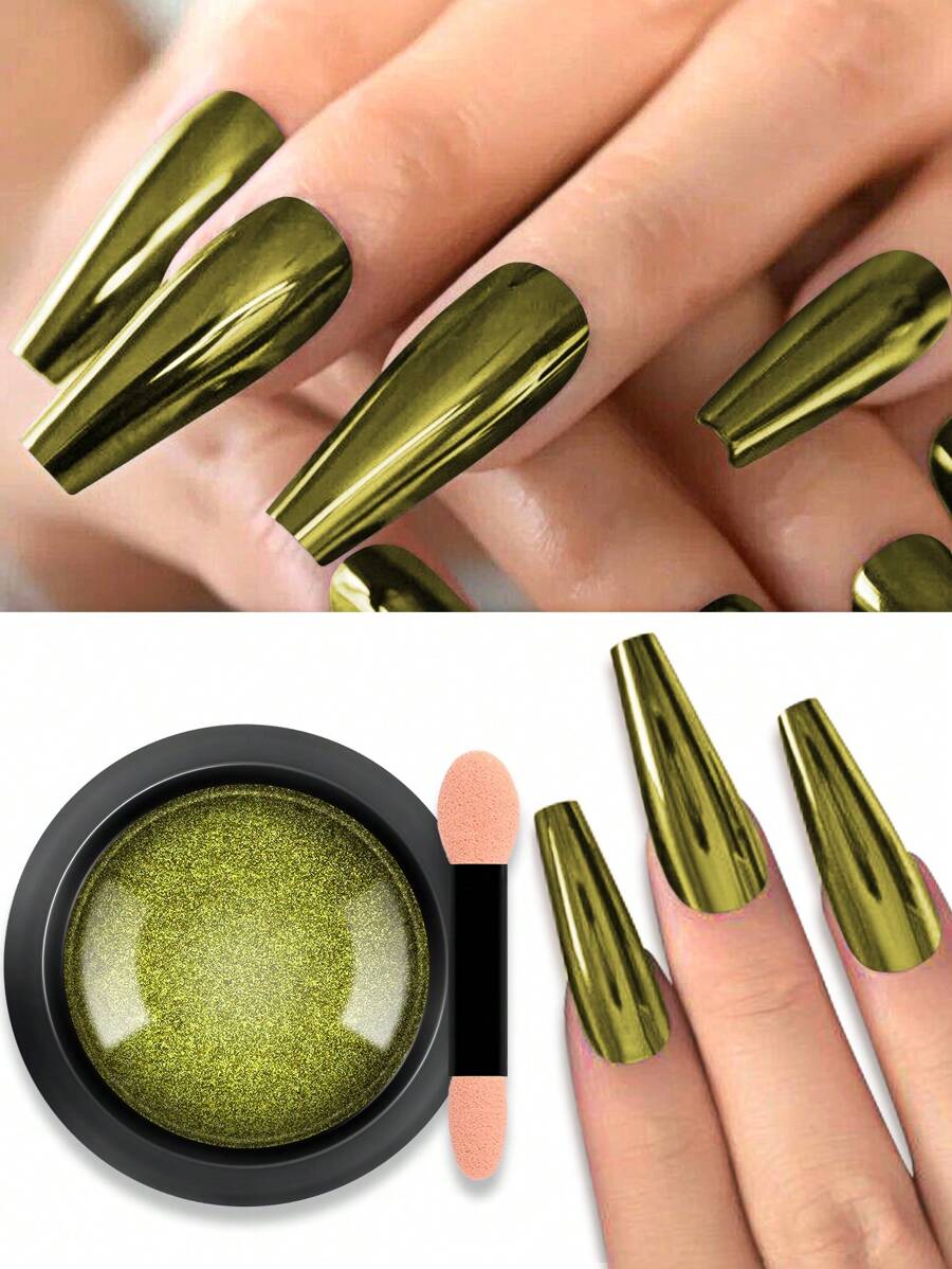 1 Jar Green Chrome Nail Powder Metallic Mirror Effect Holographic Glitter Nail Powder With 1pc Sponge Tool For Ladies Nail Art Decoration DIY Nail Charms Nail Gems Nail Supplies St. Patrick's Day
