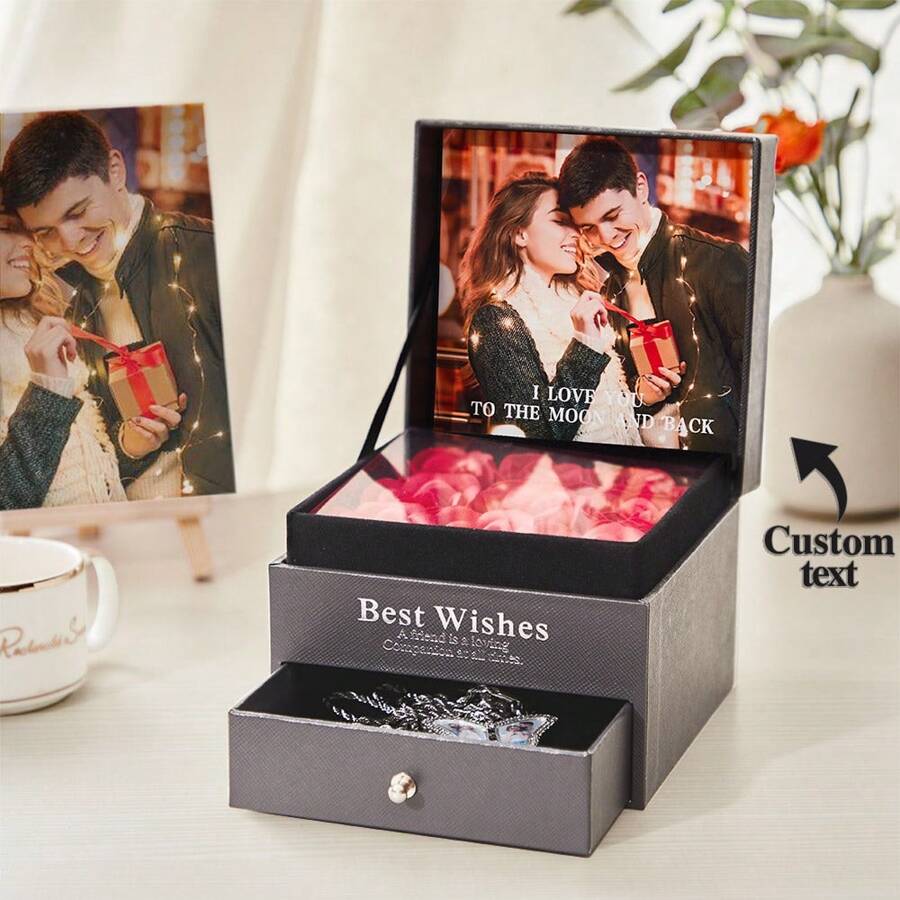 1 Stück Maßgeschneiderte Schmuck Box, Personalisierte Aufbewahrungsbox Für Schmuck Mit Foto Und Text, Geschenkbox Gefüllt Mit Rosen, Personalisierter Schmuck Reisekoffer, Romantisches Valentinstag, Geburtstags, Jahrestags Geschenk Für Frauen, Ehefrau, Freundin - Grau