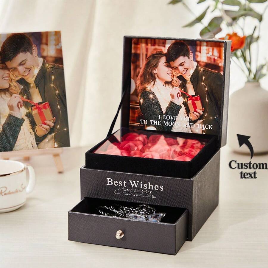 1pc Custom Jewelry Box Customized Storage Jewelry Organizer Box With Photo & Text Gift Box Filled With Roses Personalized Jewelry Travel Case Romantic Valentine's Day Birthday Anniversary Gifts For Women Wife Girlfriend - Black