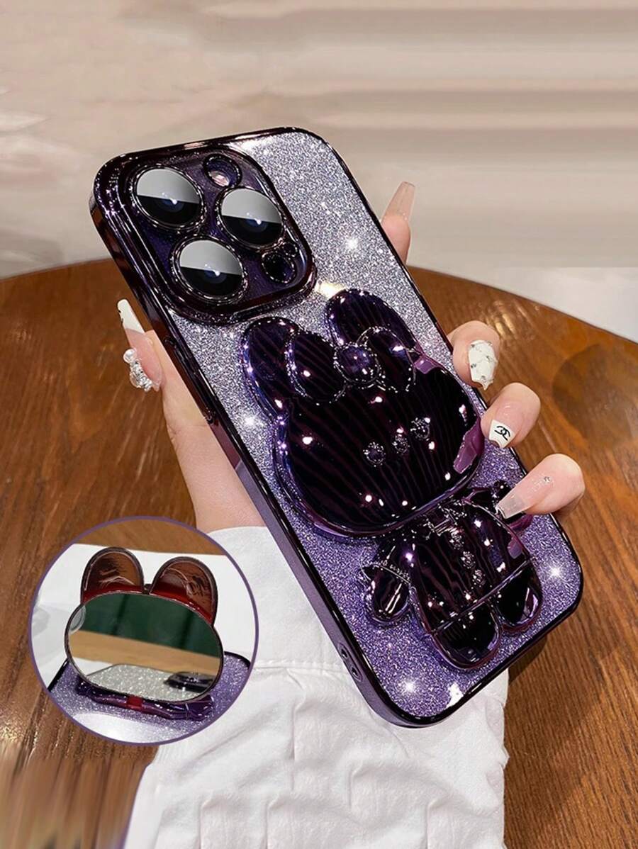 Süßer Handyfall mit Metallbeschichtung, Hasen Design, Makeup Spiegel und Ständer, kompatibel mit iPhone 15 14 13 12 11 Xs Xr X 7 8 Plus Pro Max