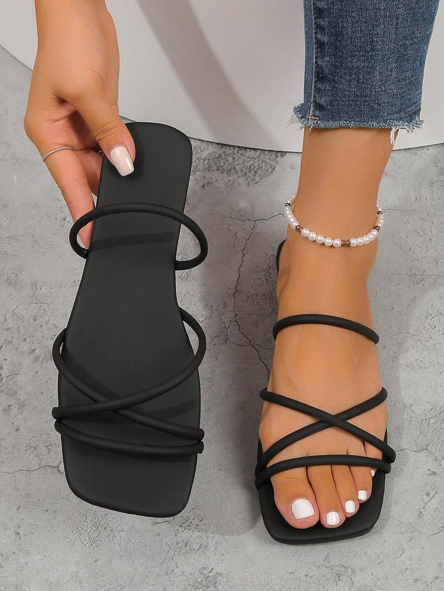Nuevas Pantuflas Negras De Punta Cuadrada Y Suelo Plano Para El Verano, Clásicas, Cómodas Y Ligeras Para Usar En Interiores O Al Aire Libre.