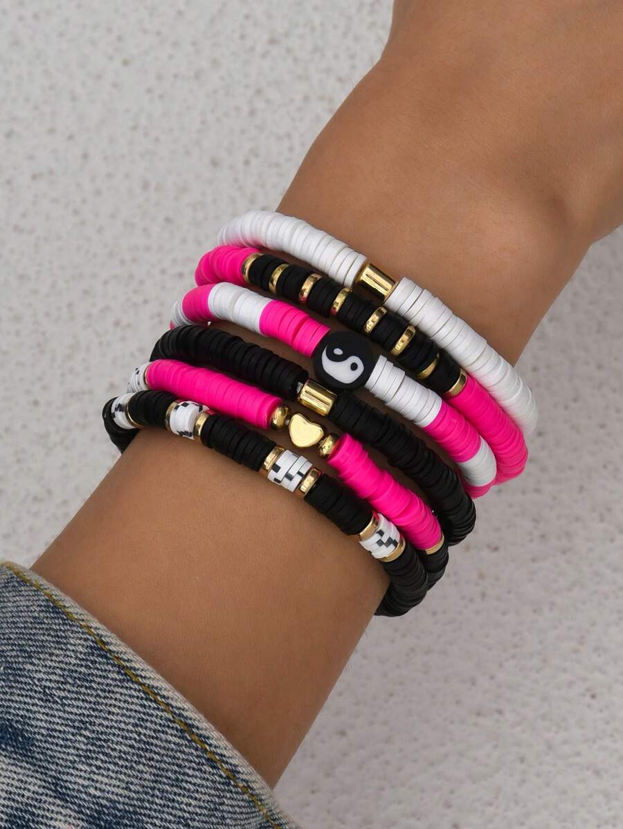 Set de 6 pulseras con cuentas de arcilla polimérica de moda y colores aleatorios, adecuadas para uso diario