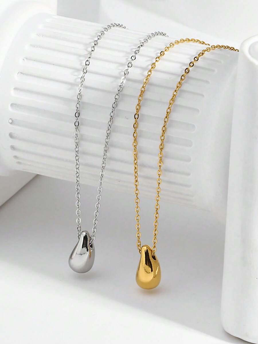 1pc European And American Style Fashionable Simple Stainless Steel Shiny Teardrop Pendant Necklace For Women, Perfect For Festival Gift And Daily Wearing