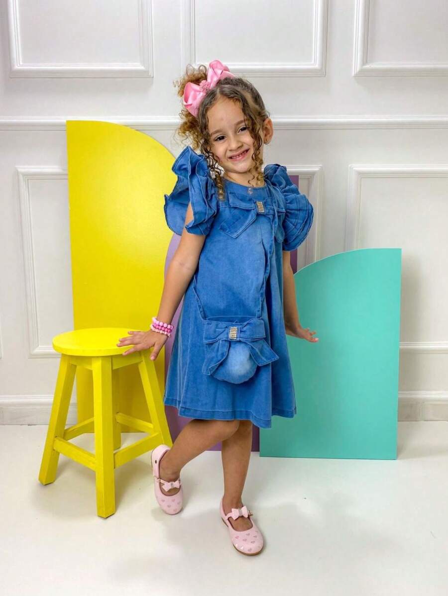 Meninas Crianças Vestido Jeans de Laço com Bolsinha Jeans