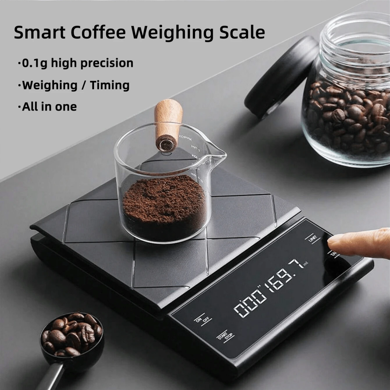 1 pieza Escala electrónica de café y alimentos de precisión de 0.1g con temporizador y pantalla táctil de alta precisión para cocina, pesaje de alimentos y horneado, escala portátil y multifunción para ingredientes de pasteles, actualización de calidad italiana