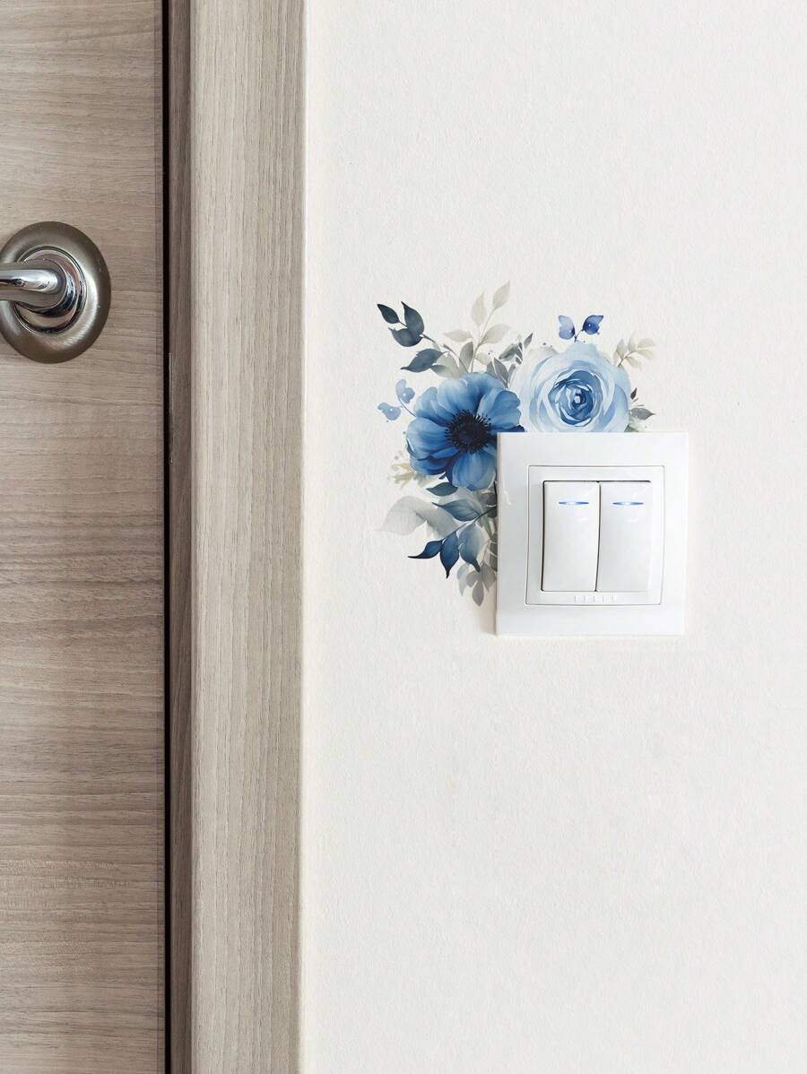 1pc Blue Watercolor Floral Design Switch Sticker, Stickers, Wall Decal, Vinly Decal For Home Decorations, Spring Decoration Items Refresh Your Home, Festival Decoration Stickers Gifts Birthday Graduation