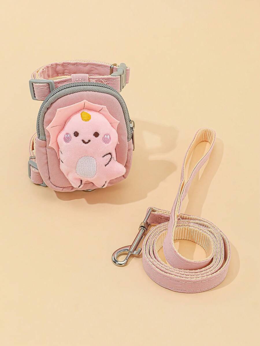 2pcs/Set Cartoon 3d Cute Pink Plush Dinosaur Decor For Snack Or Poop Bag Backpack, With Pet Collar And Leash