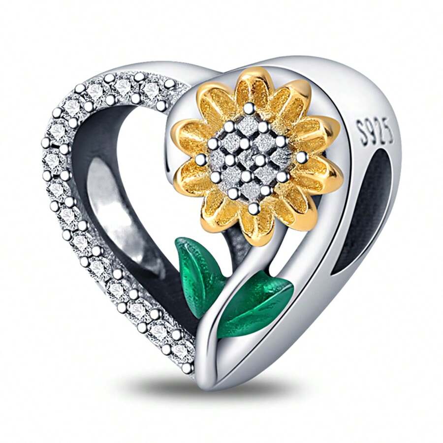 1 pièce Pendentif en zirconia en forme de tournesol en argent 925, avec des perles décoratives et une rallonge de chaîne détachable pour les accessoires de bracelet des femmes, Saint-Valentin