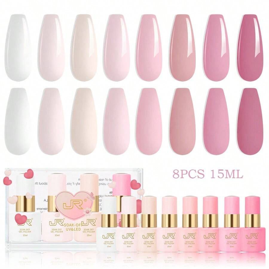 JR JR 8pcs 15ml Gel Nail Polish Set Including Red Pink Nude Gel Polish Kit UV LED Soak Off Polish Home DIY Gifts For Girl