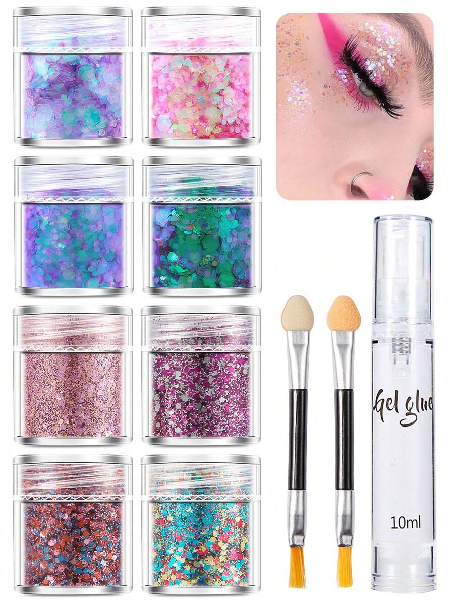 11pcs/Set (8 Colors Glitter Gel + 1 Gel Pen + 2 Brushes) Holographic Body Glitter Gel - 8 Colors, For Women's No-Glue Shiny Makeup, Large Mermaid Sequins Makeup, For Face, Hair, Eyes, Great For Festivals, Parties And Makeup Play Accessories.